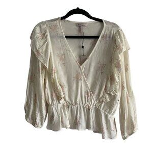 BCBGenerationWomen SZ M Beige/Pink Floral Crossover Front Peplum Hem Blouse NWT